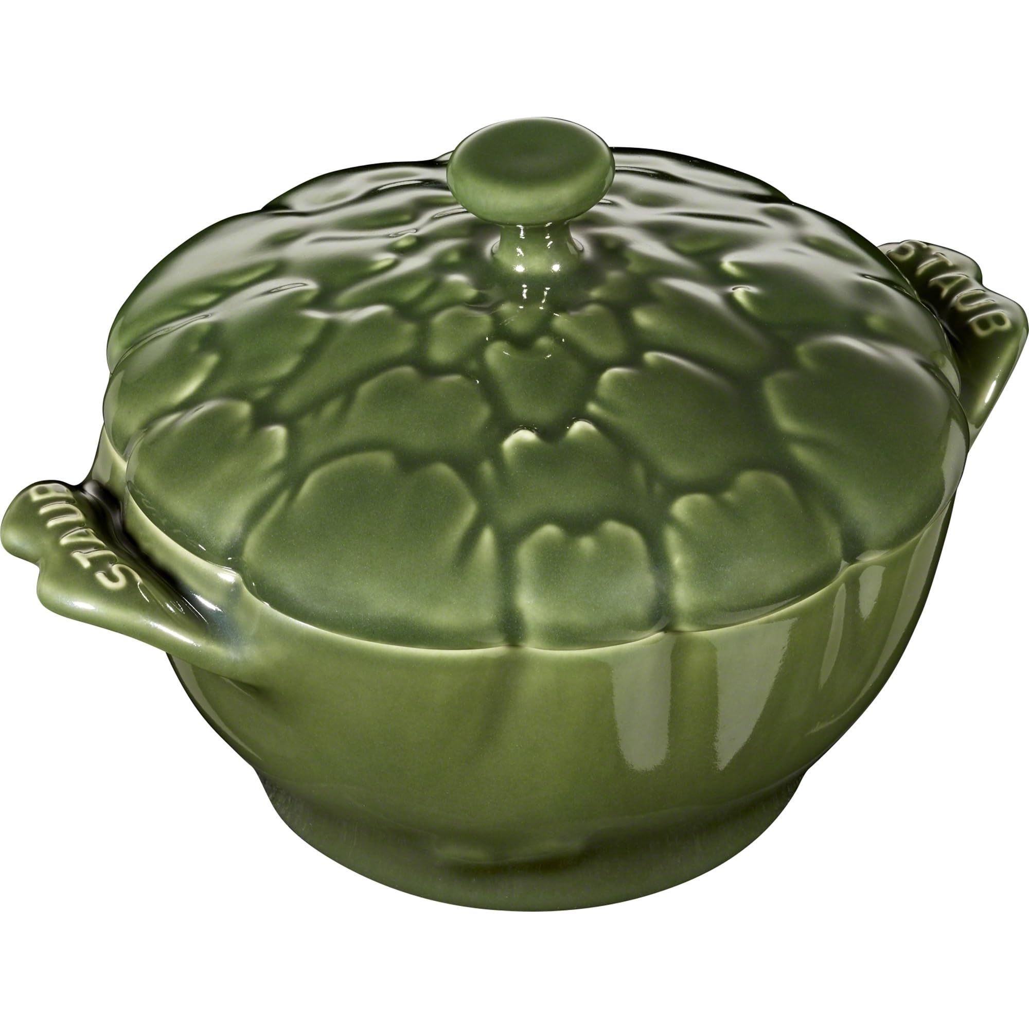 STAUB Petite Artichoke Cocotte Basil front view, elegant oven-to-table presentation
