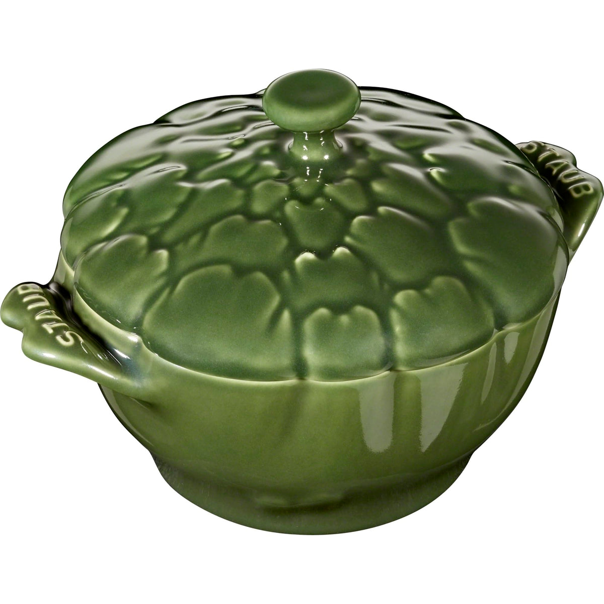 STAUB Petite Artichoke Cocotte Basil front view, elegant oven-to-table presentation