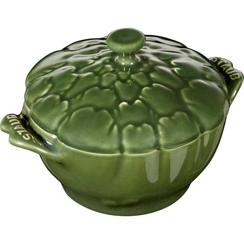 STAUB Petite Artichoke Cocotte Basil front view, elegant oven-to-table presentation