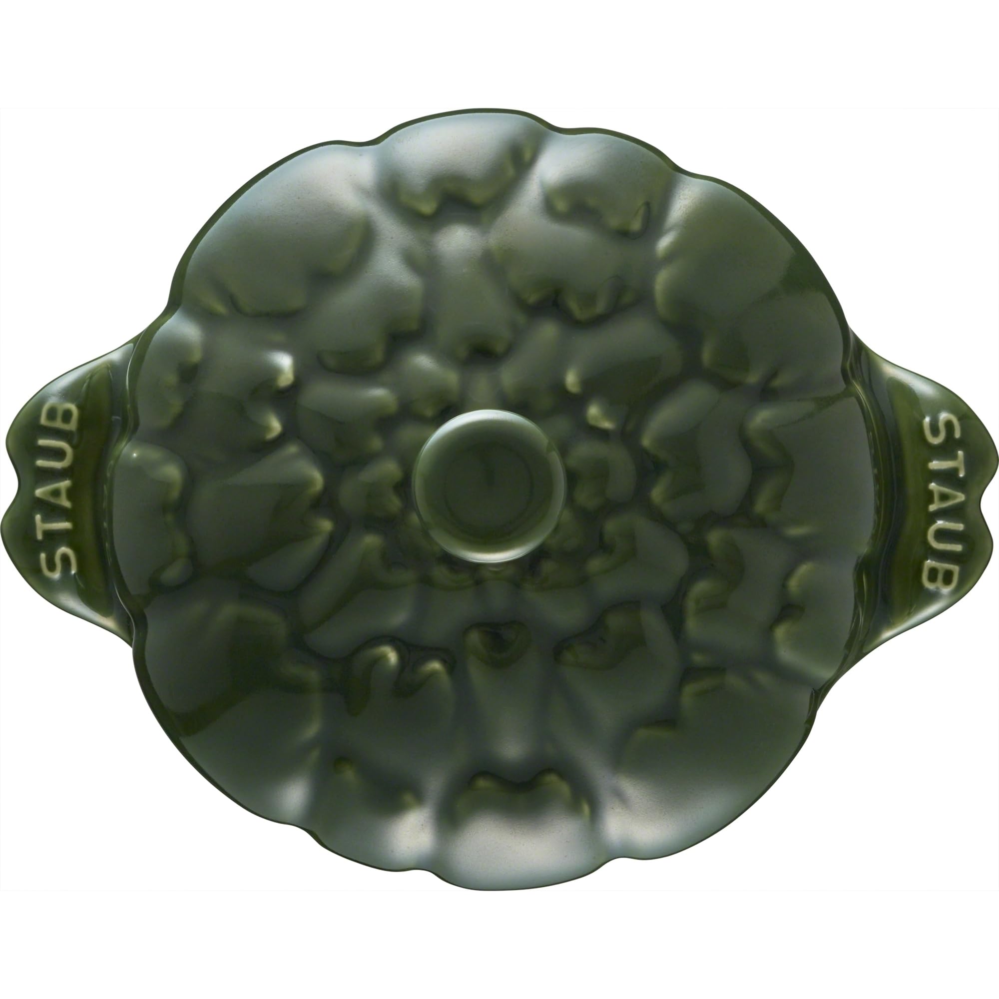 STAUB Petite Artichoke Cocotte Basil porcelain enamel finish close-up