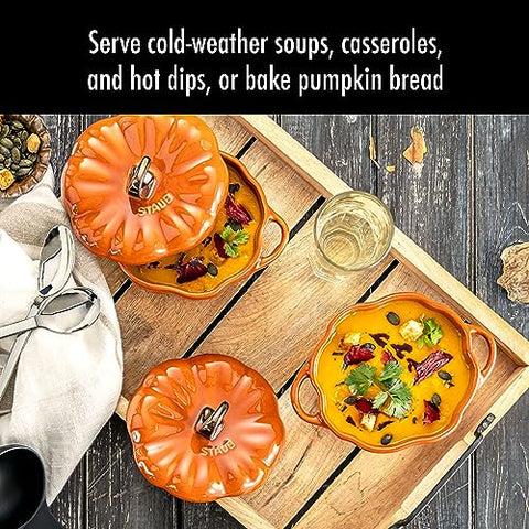 STAUB pumpkin with easy grip handles for safe transport from oven