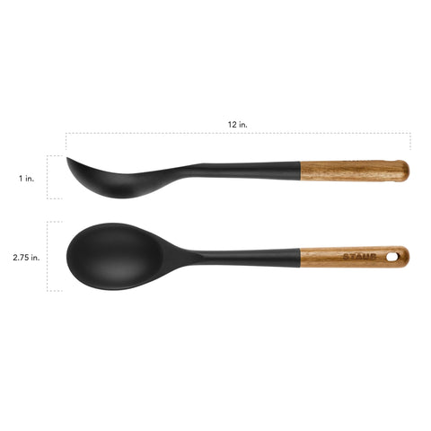 STAUB ergonomic acacia wood handle provides a comfortable grip for stirring