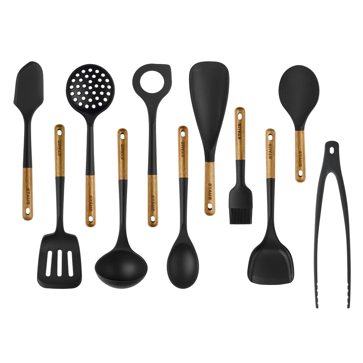 STAUB silicone with wood handle 11-piece set — 2-in-1 spatula spoon for cooking and serving