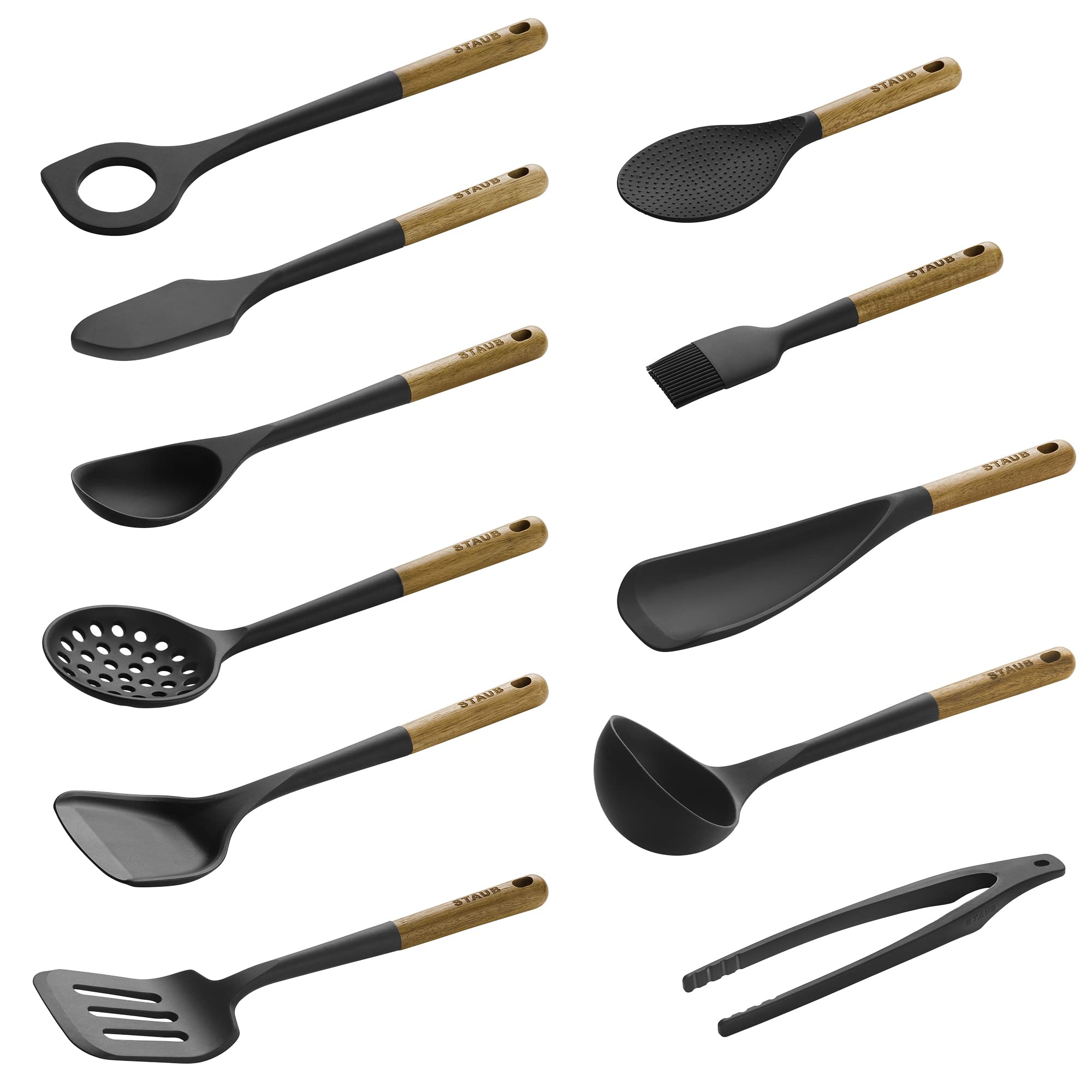 STAUB 11-piece set with silicone and wood handles — nonstick-friendly ergonomic storage
