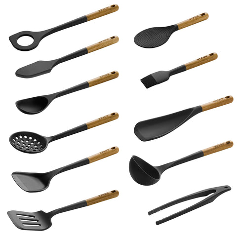 STAUB 11-piece set with silicone and wood handles — nonstick-friendly ergonomic storage