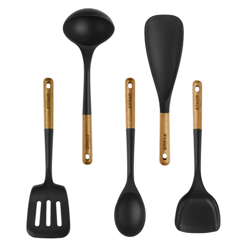 STAUB silicone 2-in-1 spatula spoon with wood handle, ideal for sautéing and serving.
