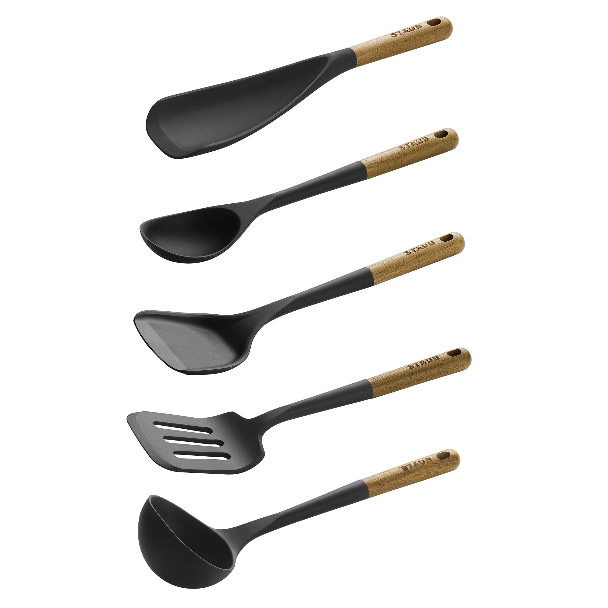 STAUB slotted serving turner with wood handle, ideal for draining and serving.