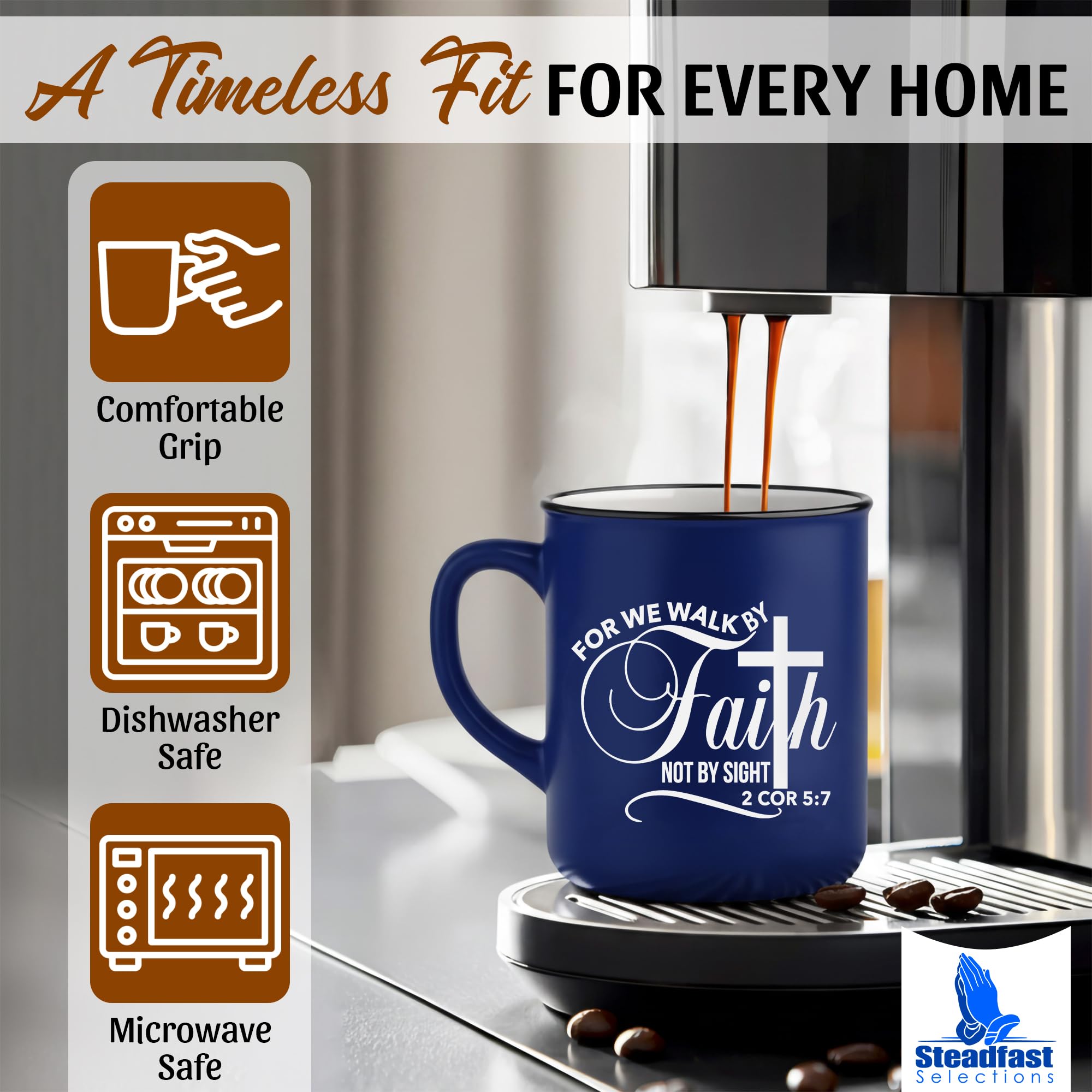 Steadfast Selections Scripture mug closeup with elegant calligraphy for daily devotion.