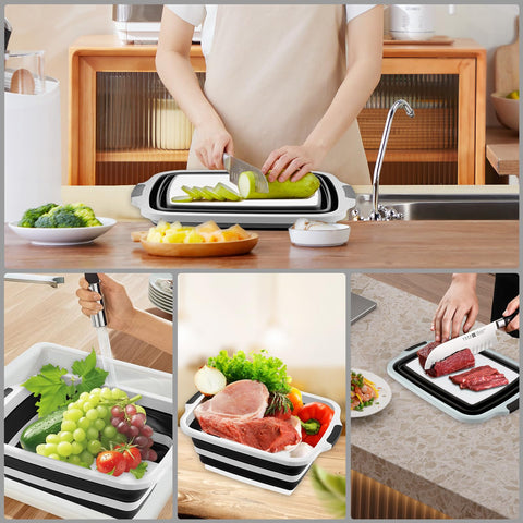 SteelyCo 3-in-1 camping sink used as marinating container, cutting board, and wash basin.