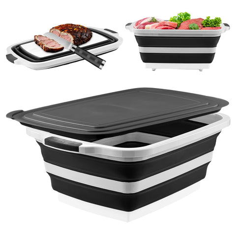 SteelyCo collapsible BBQ prep tub with cutting board and lid for easy outdoor meal prep.