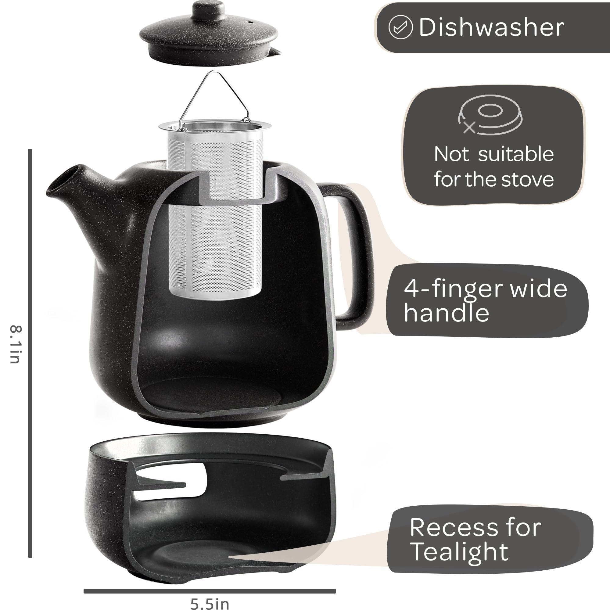 Steinzeit Design Full Tea Set—ceramic pot with infuser and warmer.