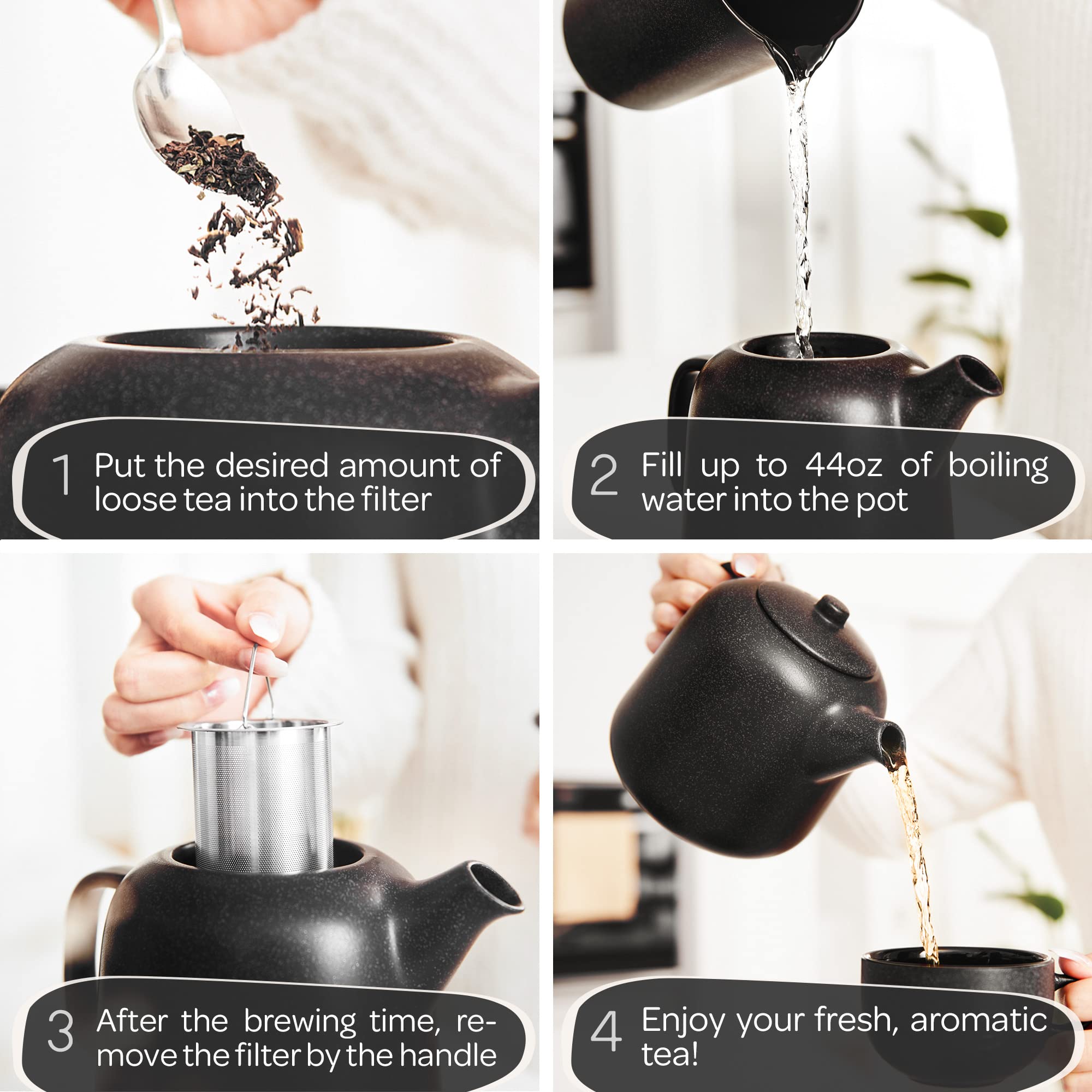 Steinzeit tea pot in a kitchen setting with cups on the counter.