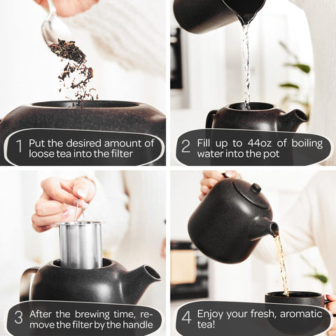 Steinzeit tea pot in a kitchen setting with cups on the counter.