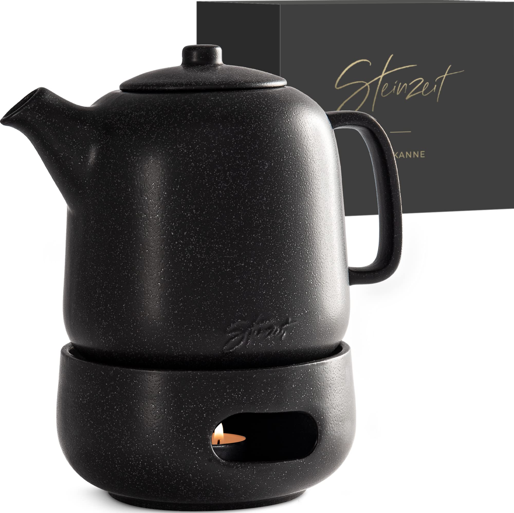 Steinzeit Design Tea Pot with Warmer—sleek black ceramic exterior for heat retention.