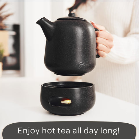 Steinzeit Design Warmer Setup—tea light compatible keeps tea at stable temperature.