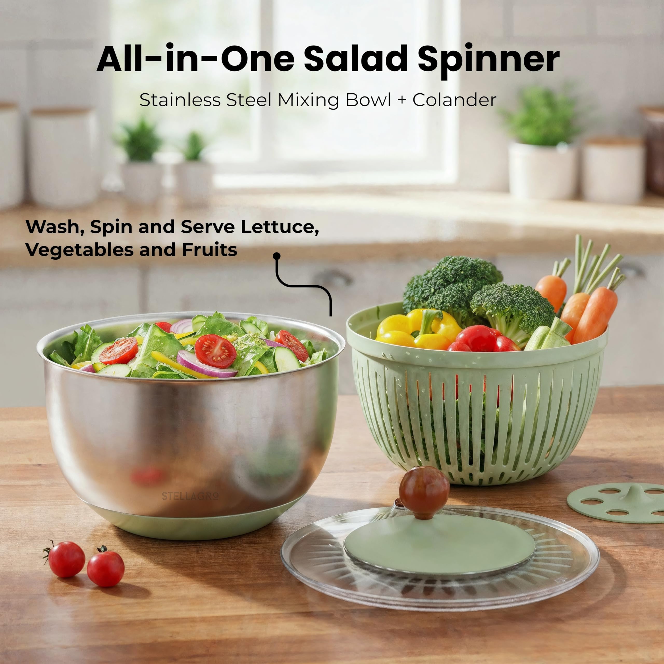 STELLAGRO 5.3-quart capacity - handles large batches of greens with confidence.
