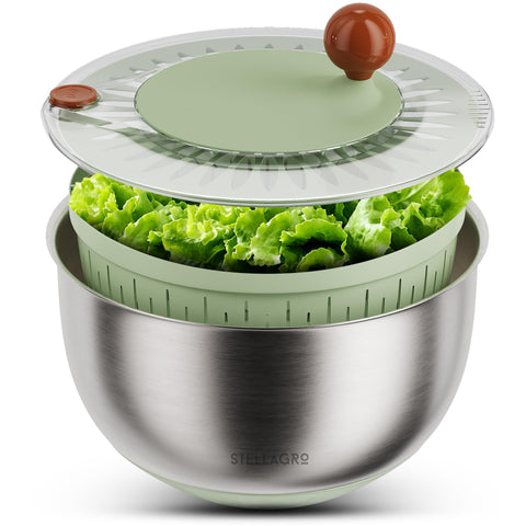 STELLAGRO stainless steel salad spinner large - front view for convenient countertop use and quick drying.