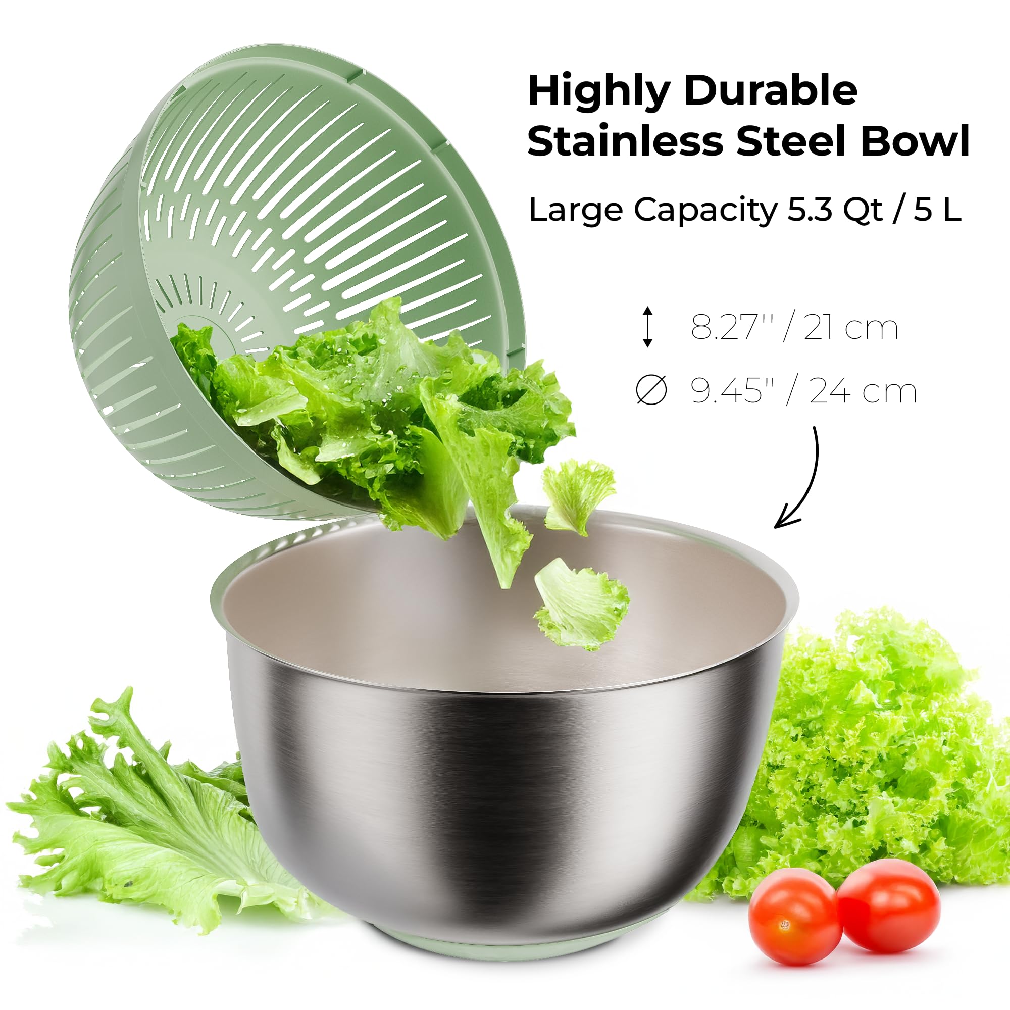 STELLAGRO salad spinner stop brake - illustrates immediate stop for safer, faster rinsing.
