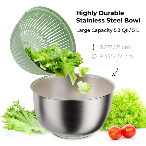 STELLAGRO salad spinner stop brake - illustrates immediate stop for safer, faster rinsing.