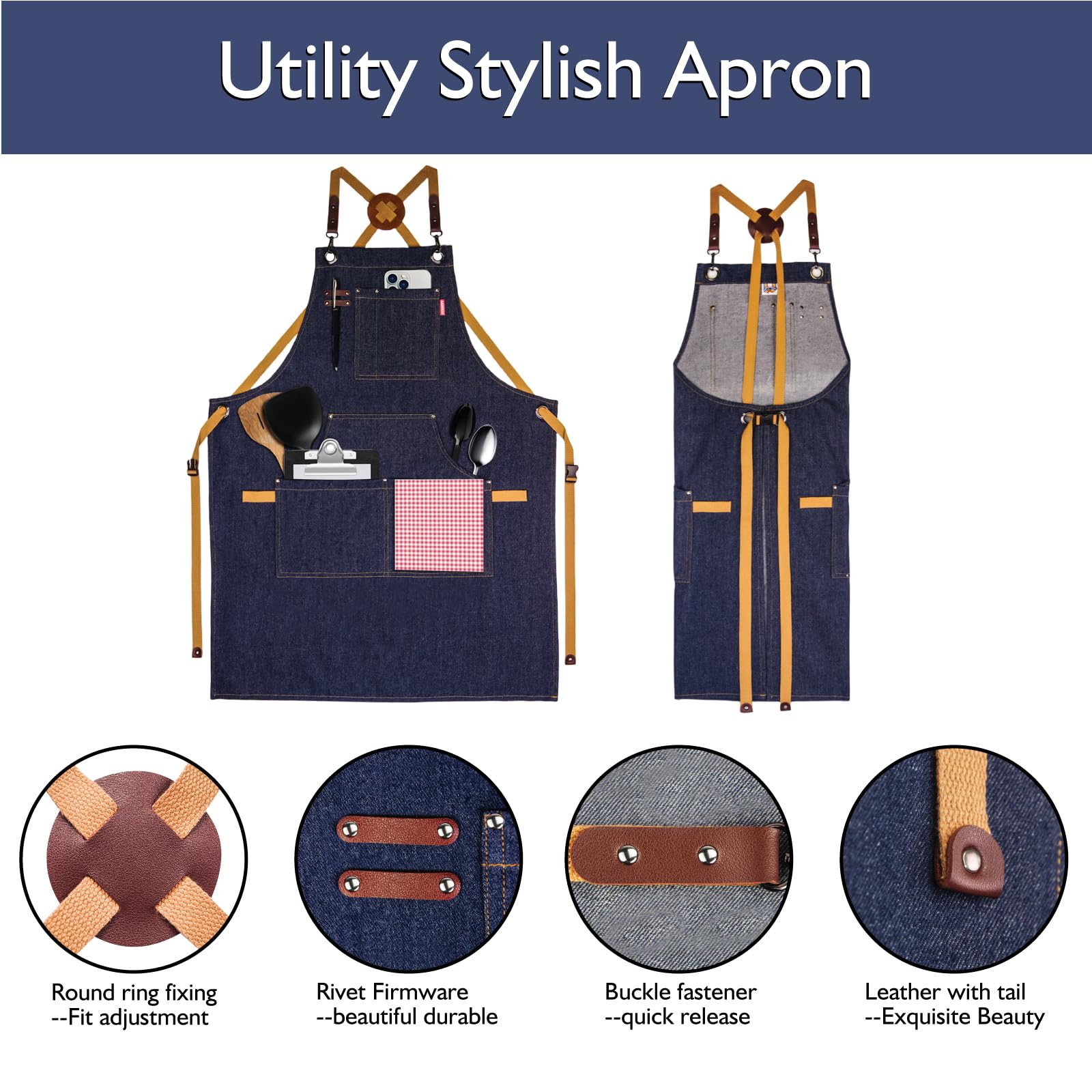 Stenffy apron adjustable strap ensures comfortable, versatile sizing.