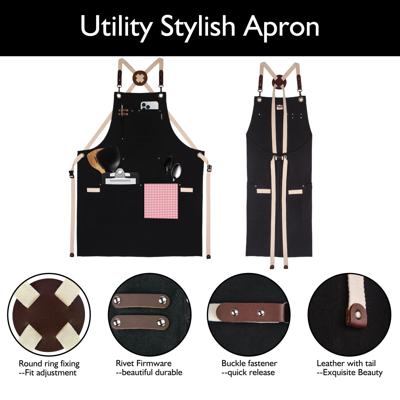 Stenffy apron canvas detail highlights durable rivets and reinforced edges.