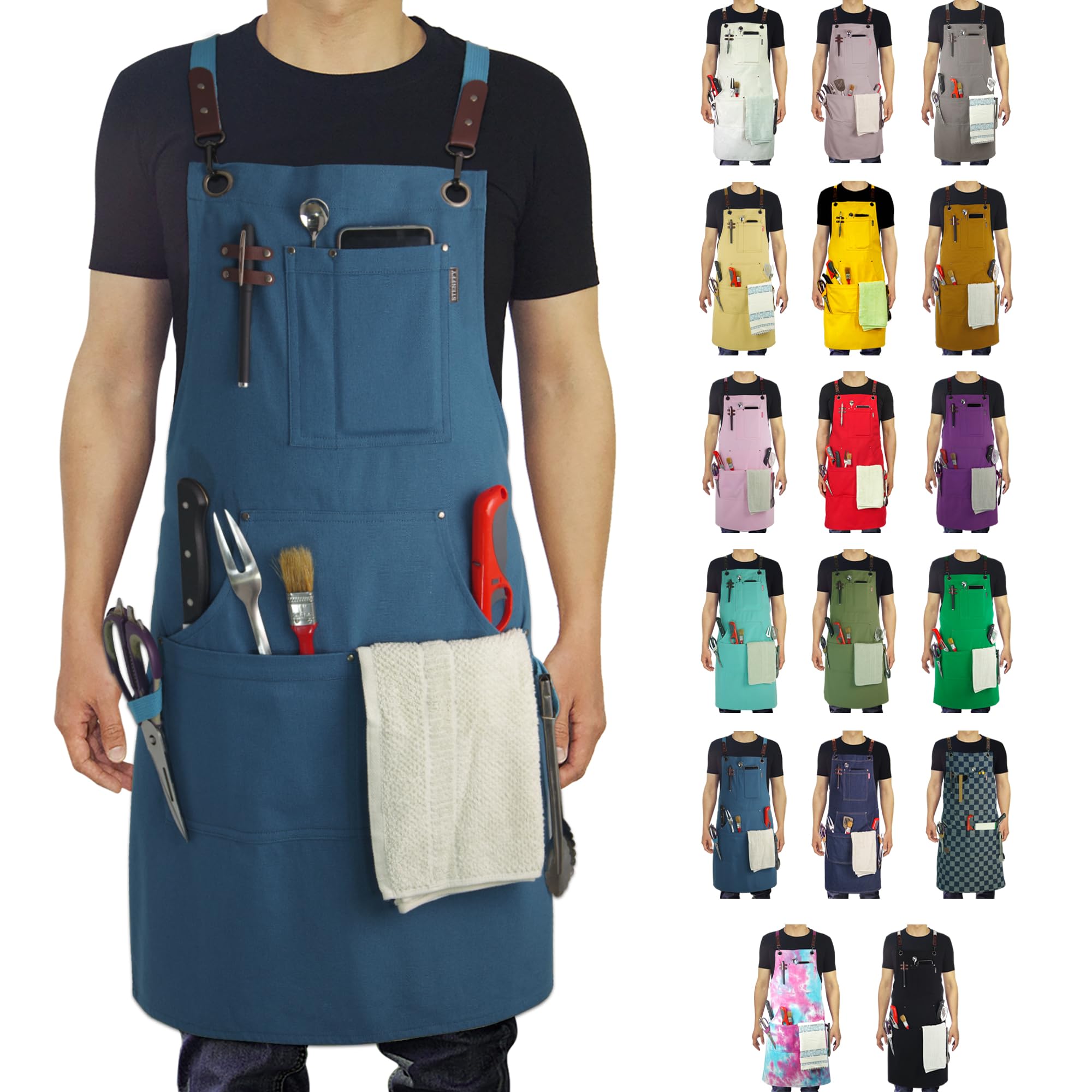Stenffy apron front view in blue canvas offering full coverage and rugged durability.