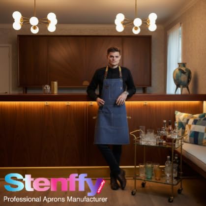 Stenffy apron in kitchen setup demonstrates practical use and convenience.