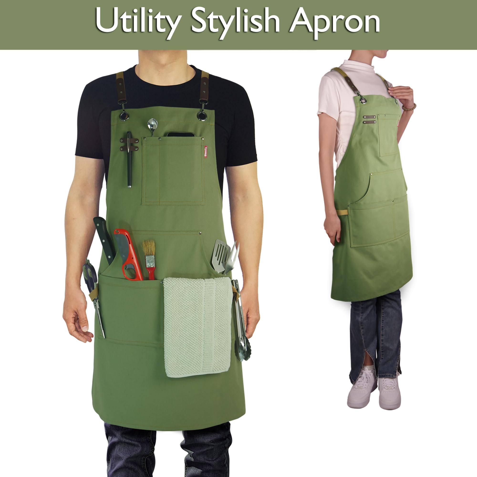 Stenffy olive apron with five pockets keeps tools and phone organized.