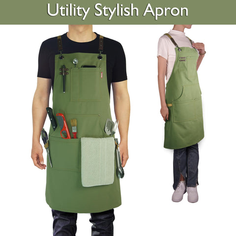 Stenffy olive apron with five pockets keeps tools and phone organized.