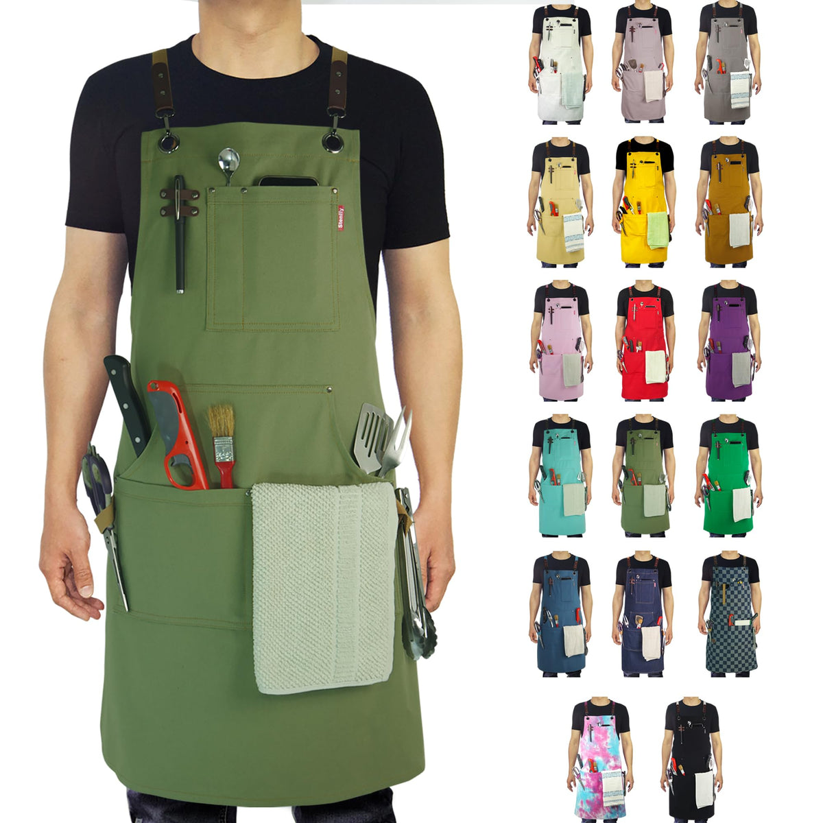 Stenffy olive apron full-coverage design protects clothing during cooking and crafts.