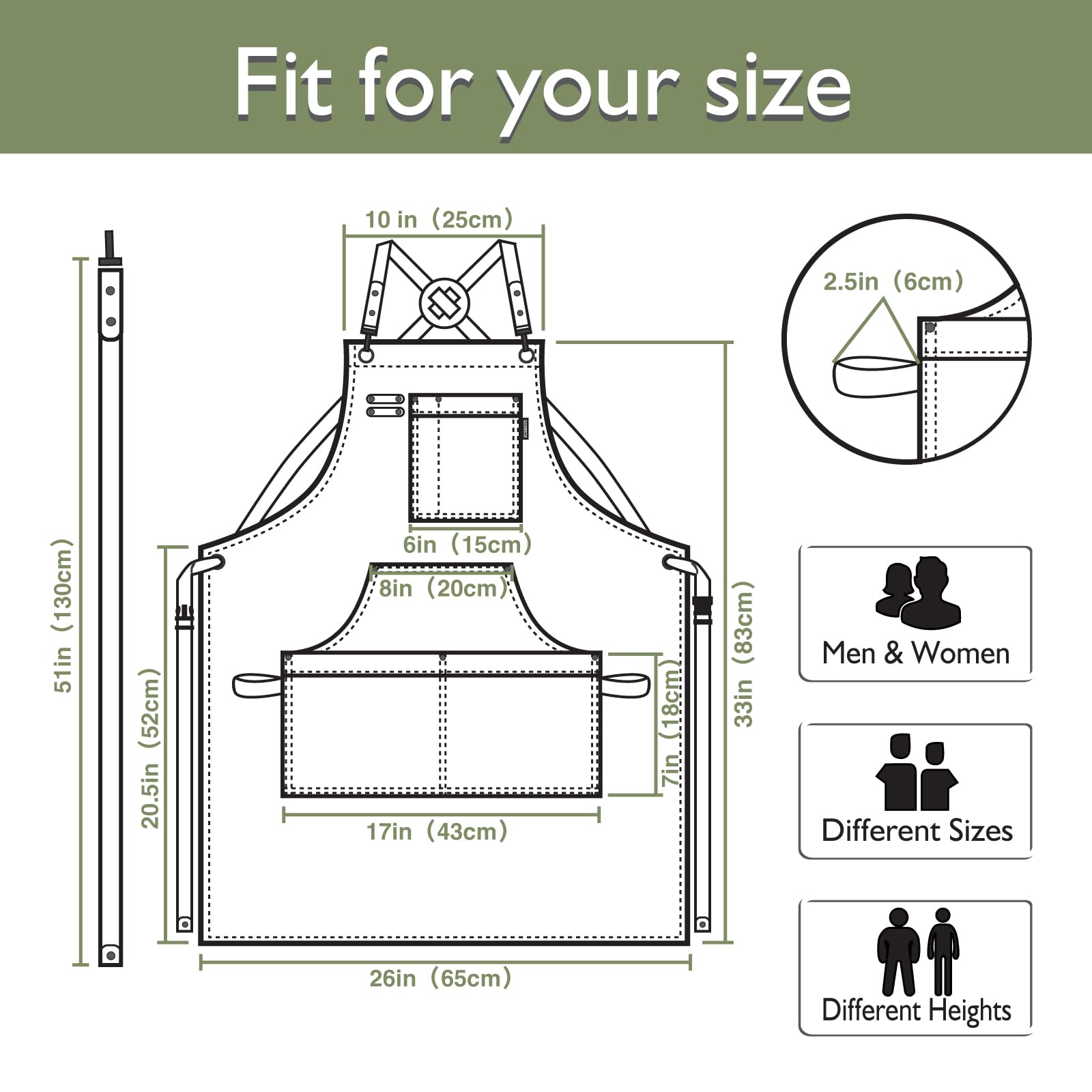 Stenffy olive apron with durable canvas protects clothing from grease.