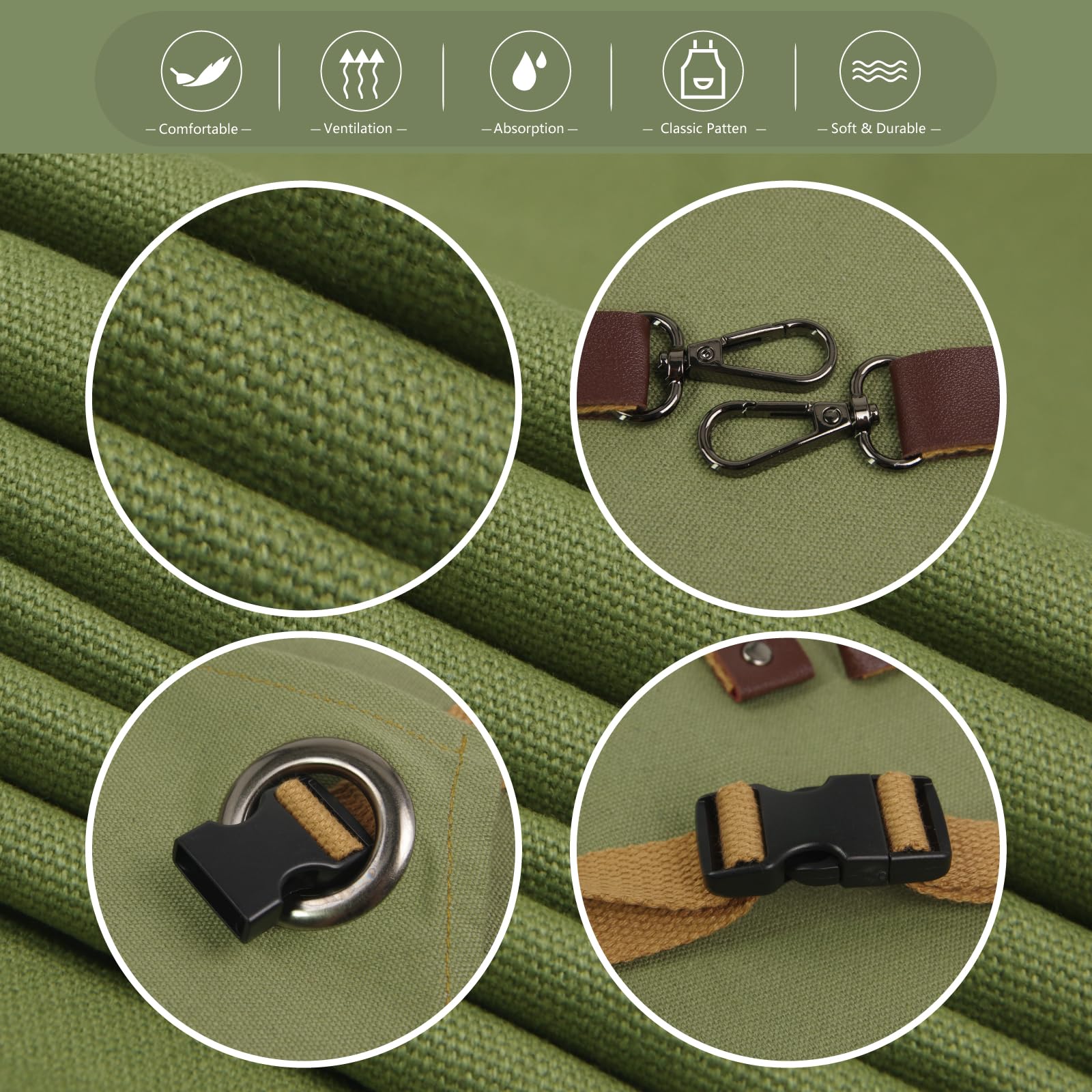 Stenffy olive apron with leather accents and reinforced corners.
