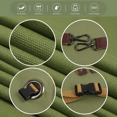 Stenffy olive apron with leather accents and reinforced corners.
