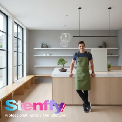 Stenffy olive apron suited for gardening, painting, BBQ, and crafts.