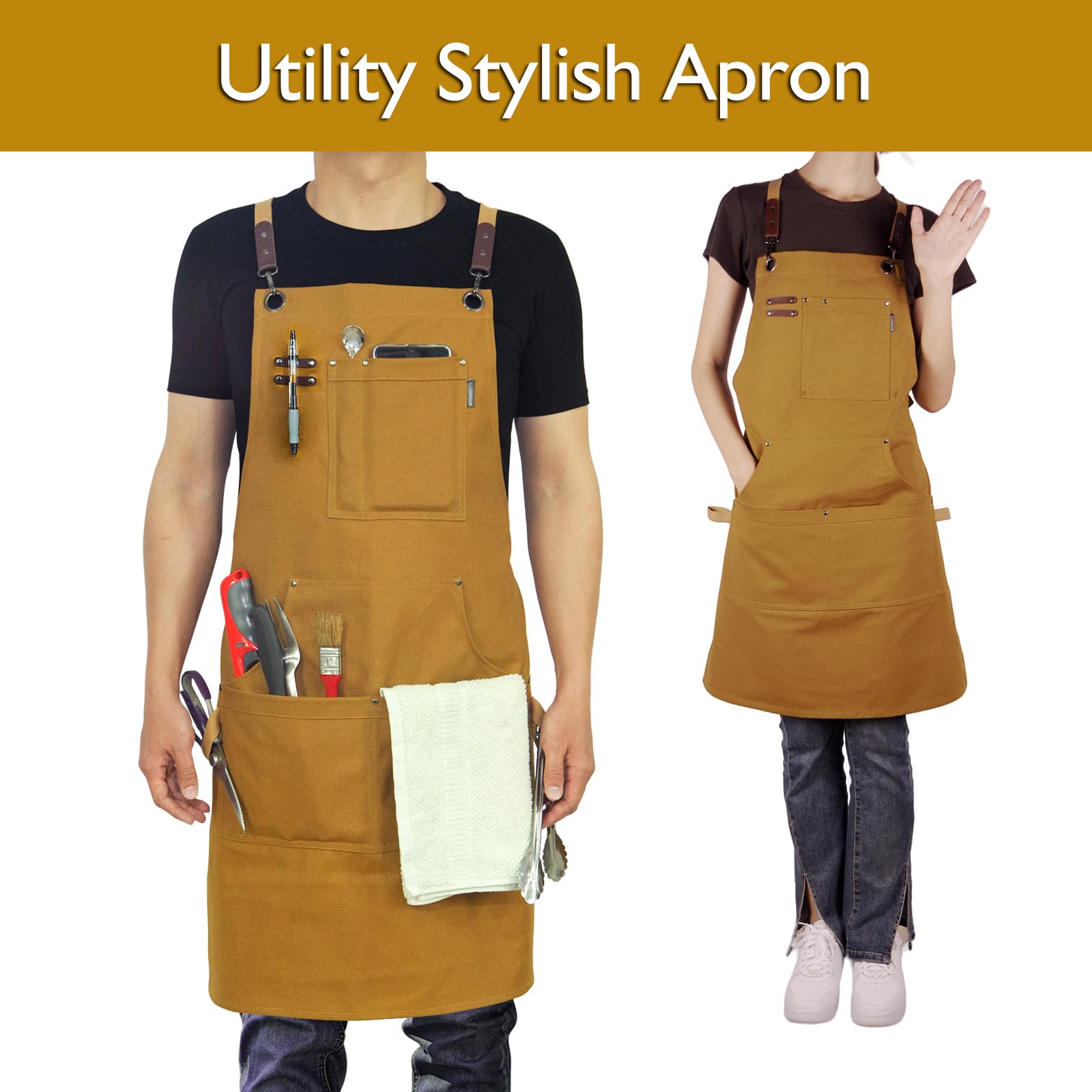 Stenffy apron pocket detail shows reinforced rivets for durable tool storage.