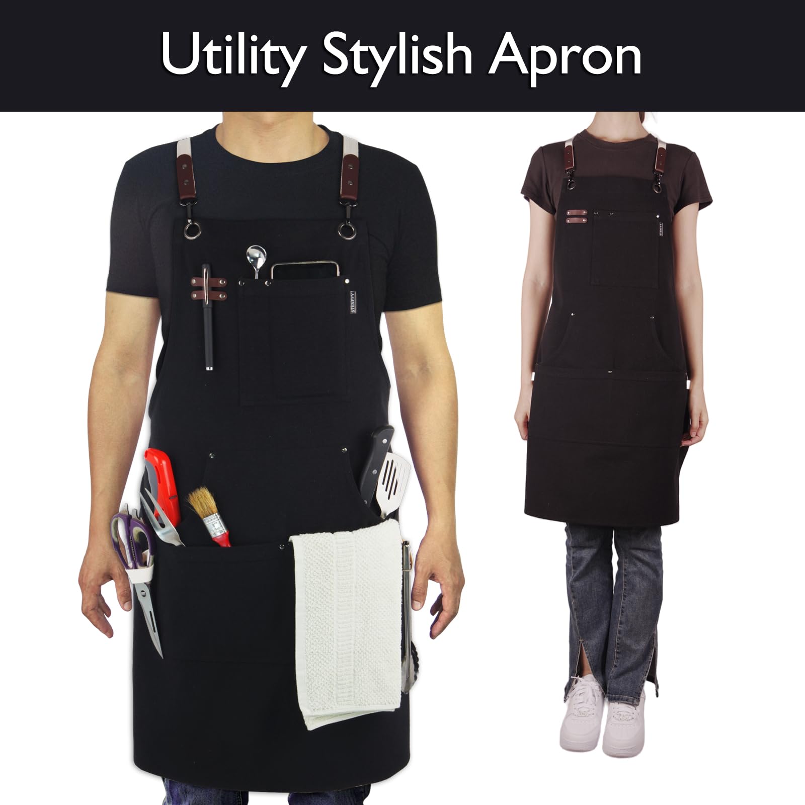 Stenffy apron side view featuring adjustable quick-release strap for comfort.
