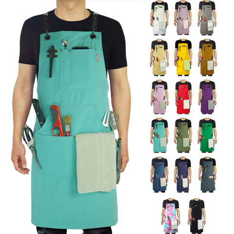 Stenffy kitchen apron with canvas multi-pocket design for easy tool access while cooking.