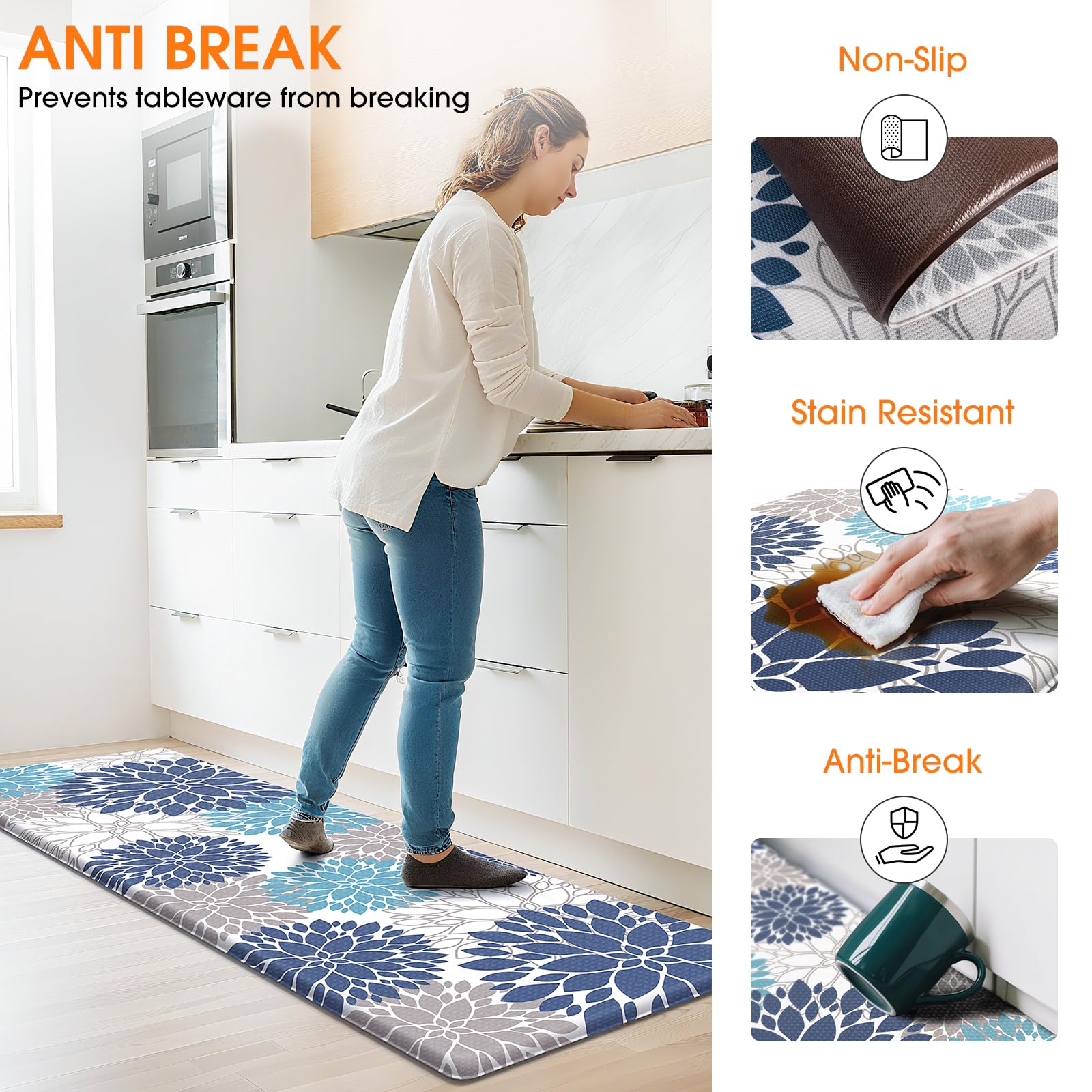 StepLively blue and white design enhances kitchen decor while cushioning feet