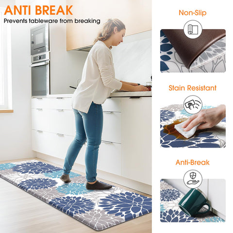 StepLively blue and white design enhances kitchen decor while cushioning feet