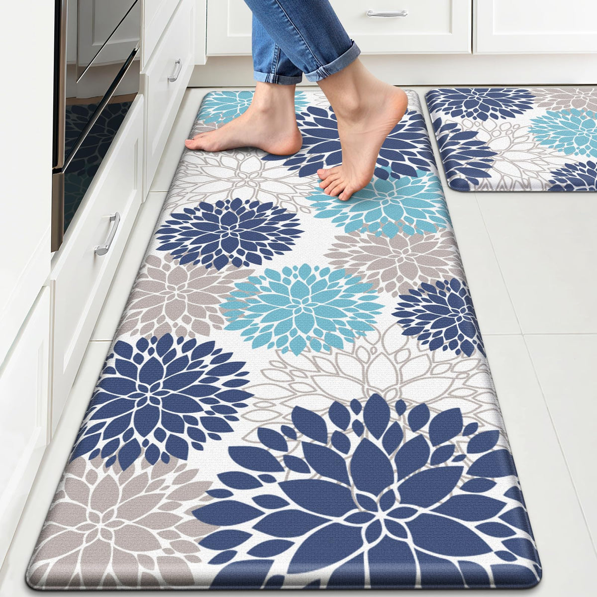 StepLively blue and white kitchen mat pair with comfortable standing support