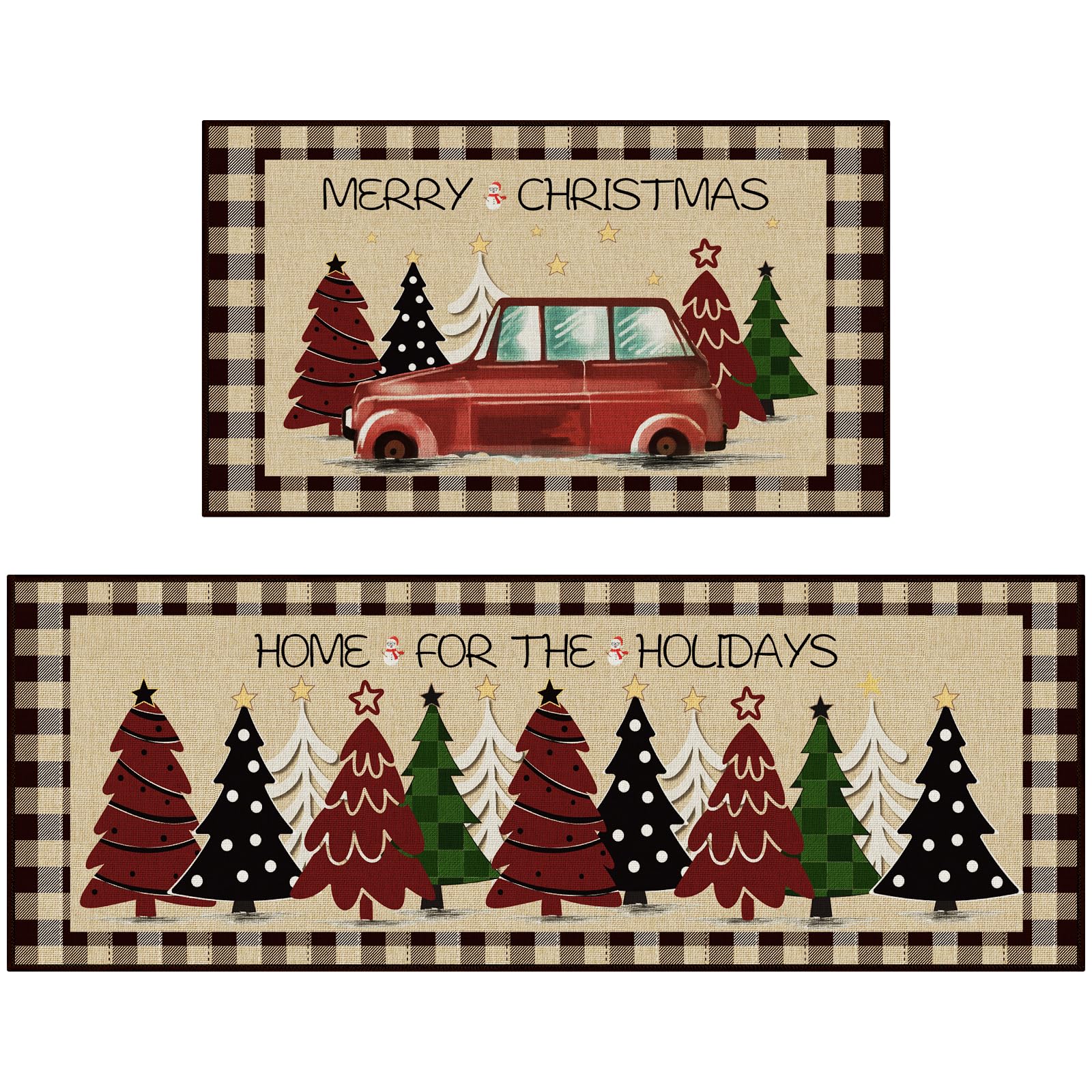 StepRite kitchen mat with Christmas tree print in brown, two-piece set for festive kitchen decor.