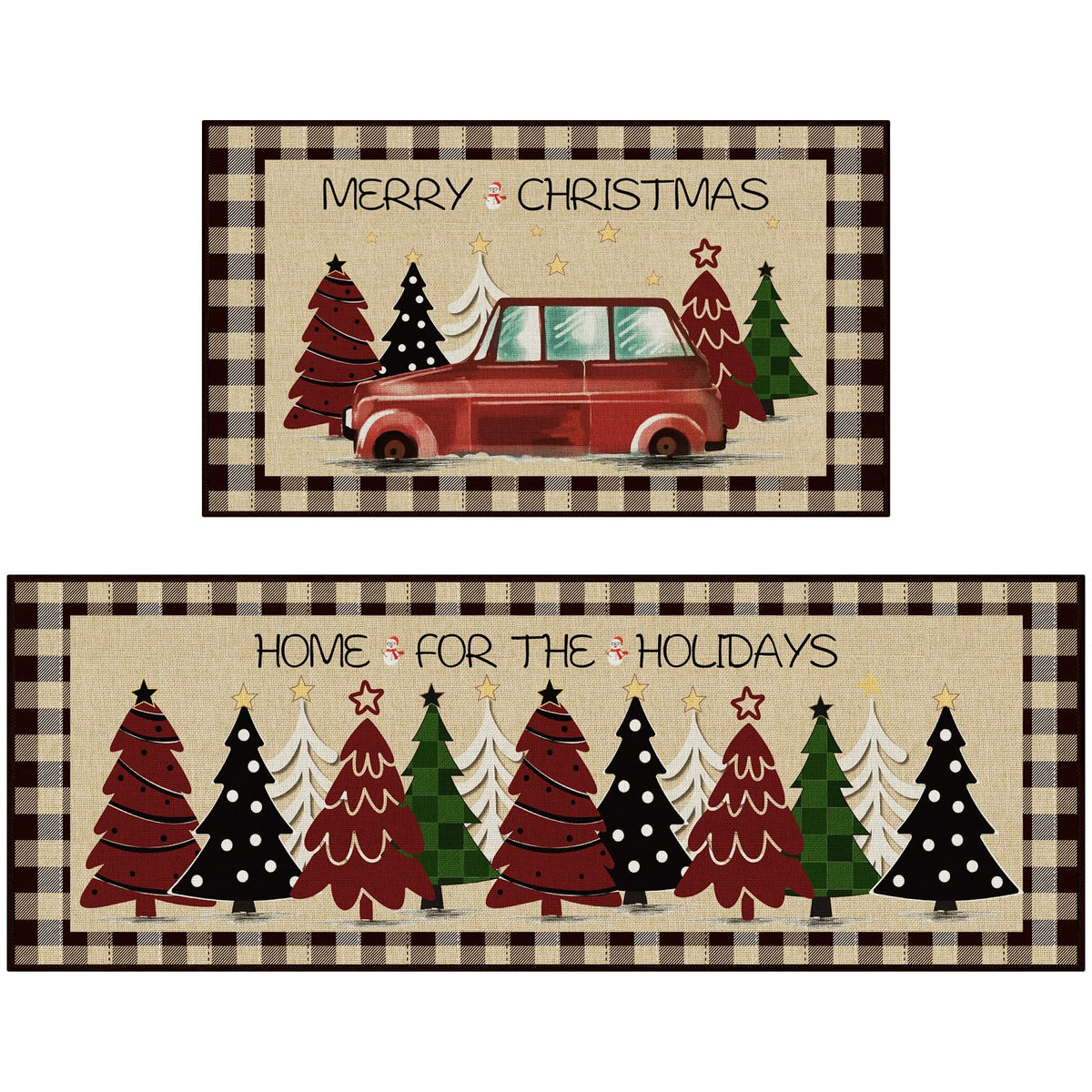 StepRite kitchen mat with Christmas tree print in brown, two-piece set for festive kitchen decor.