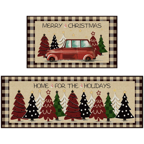 StepRite kitchen mat with Christmas tree print in brown, two-piece set for festive kitchen decor.