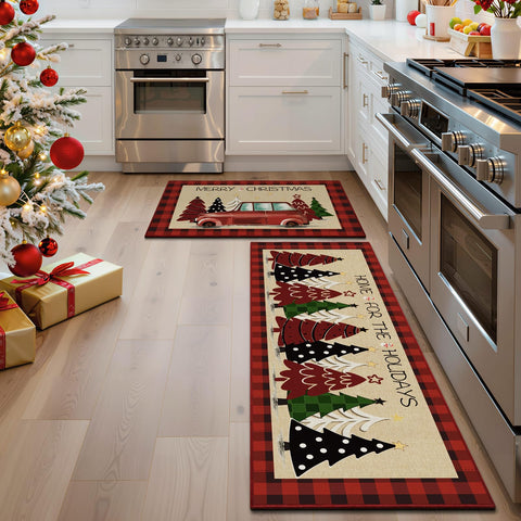 StepRite 17x47 Christmas tree print mat offers comfortable coverage for long cooking sessions.