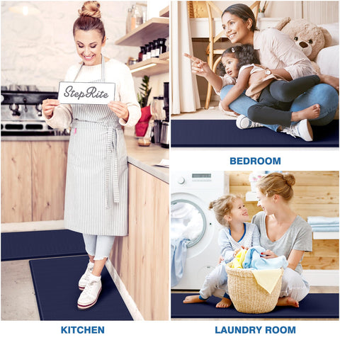 StepRite durable blue kitchen mat maintains shape for daily kitchen use.