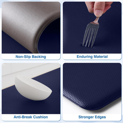 StepRite non-slip blue kitchen mat stays secure on tile and wood surfaces.