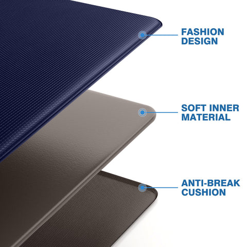 StepRite stain-resistant blue kitchen mat wipes clean after spills.
