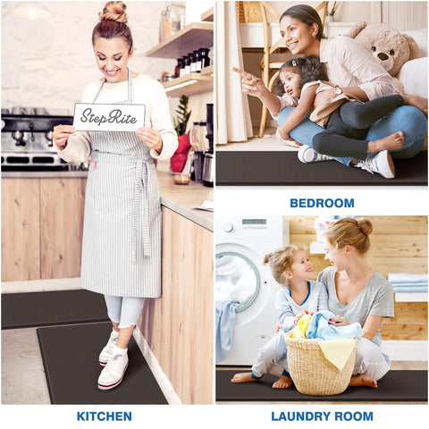 StepRite kitchen mats on tiled floor beside appliances offer practical standing area.
