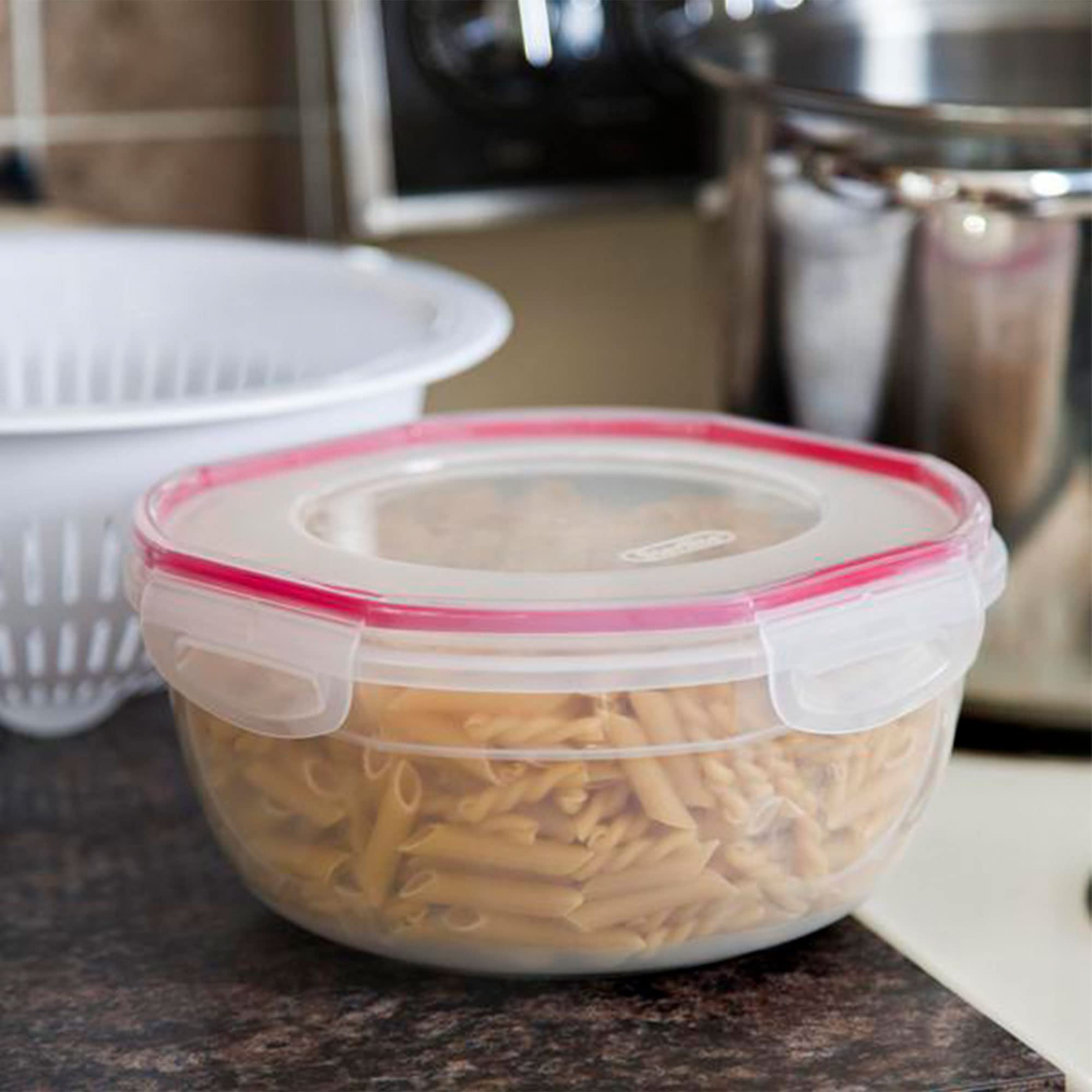 Dishwasher-safe Sterilite Rocket Red bowl simplifies cleanup after meals.