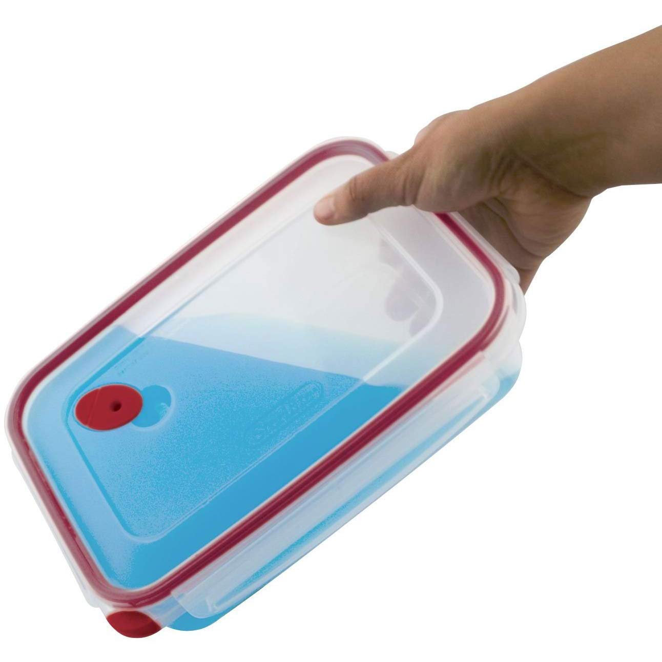 Vent in Sterilite Ultra-Seal lid for microwave reheating.